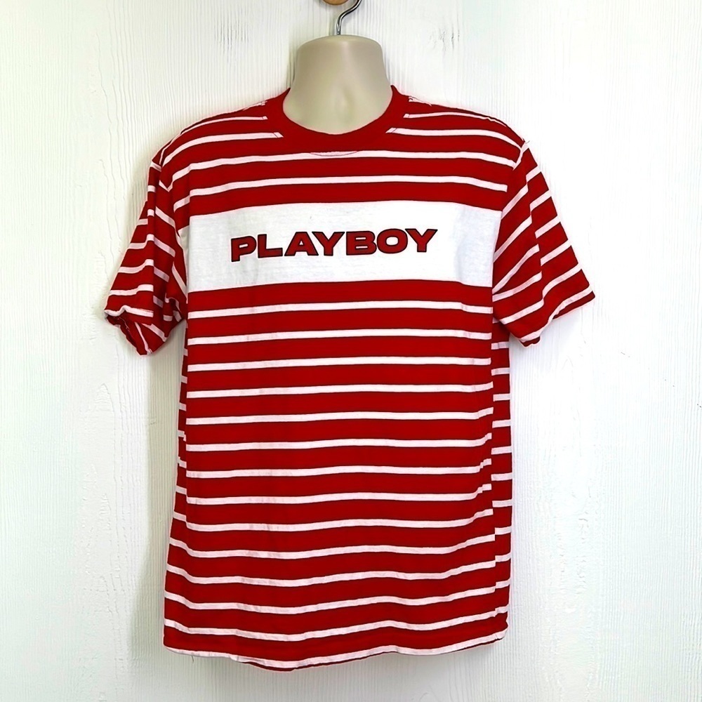 Playboy By PACSUN - Electronic Red & White Stripe Playboy Short Sleeve T Medium